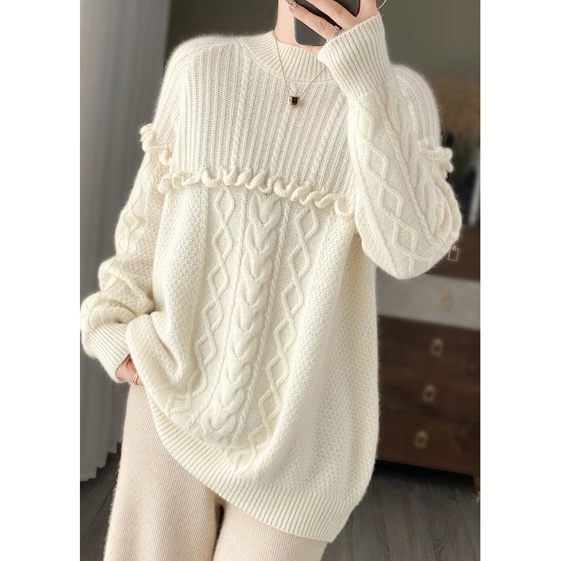 White Ruffled Patchwork Cozy Woolen Knit Pullover O Neck Spring