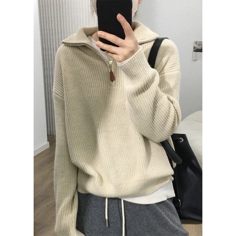 Women Apricot Zip Up Patchwork Cozy Knit Sweaters Long Sleeve