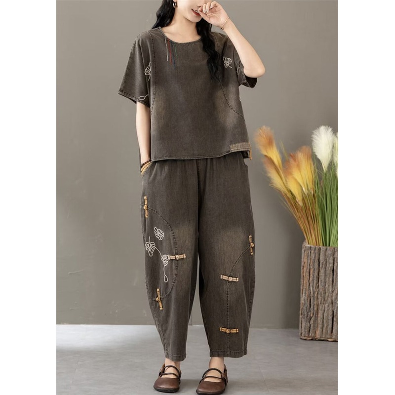 Women Black Embroidered Elastic Waist Denim Two Pieces Set Summer