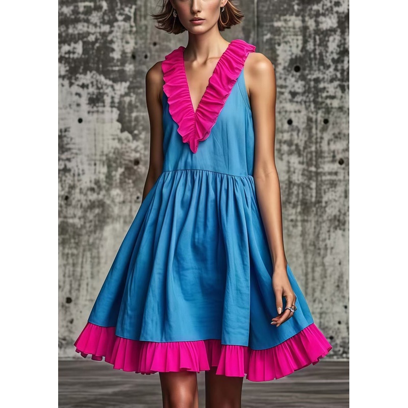 Women Blue Ruffled Patchwork Cotton Mid Dress Summer