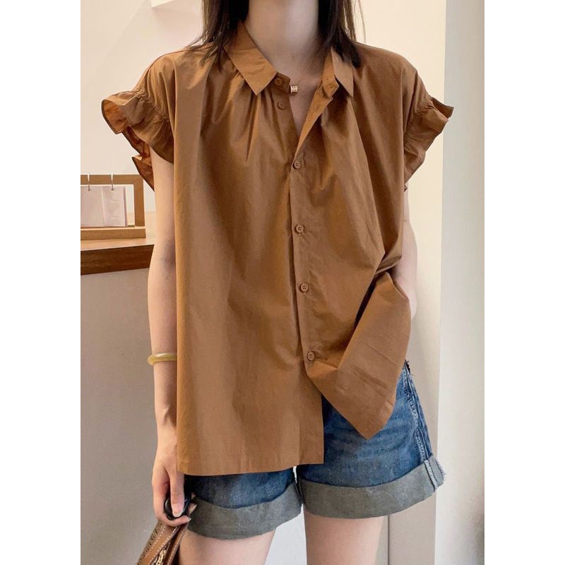 Women Coffee Ruffled Button Patchwork Cotton Top Summer