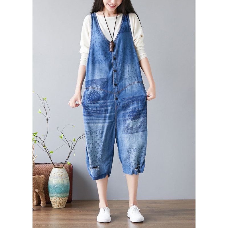 Women Denim Blue V Neck Print Cotton Jumpsuits Ripped Jeans Spring