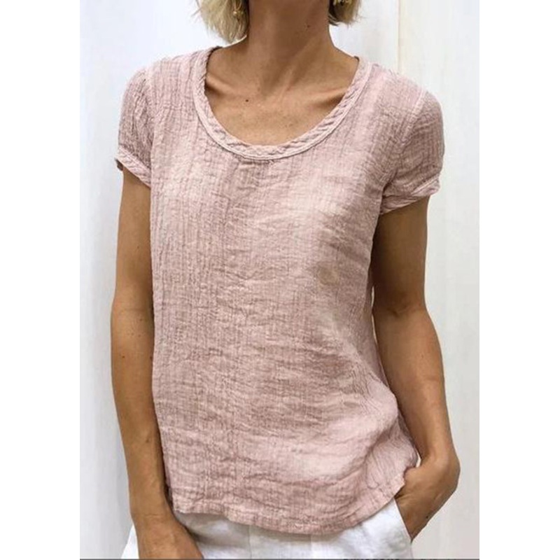 Women Pink O-Neck Solid Cotton T Shirt Summer