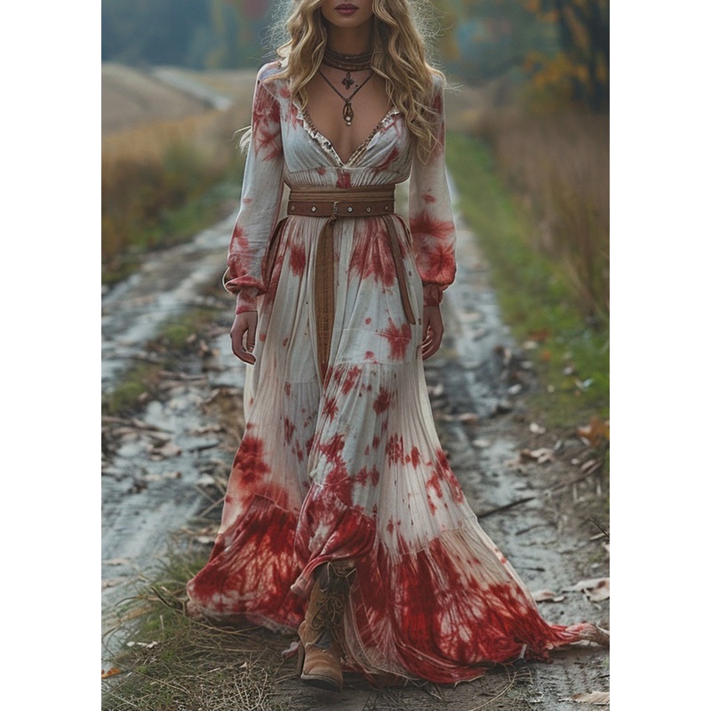 Women V Neck Tie Dye Wrinkled Patchwork Cotton Dresses Long Sleeve