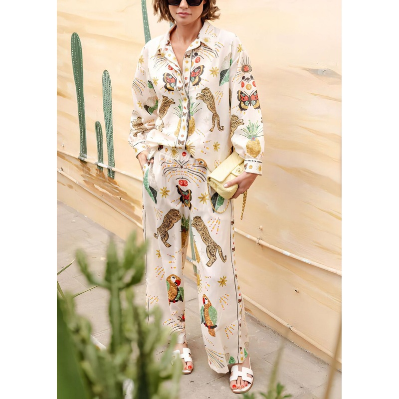 Apricot Print Button Shirts And Straight Pants Two-Piece Set Lantern Sleeve