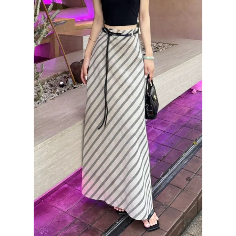 Art Apricot Striped High Waist Cotton Skirts Summer