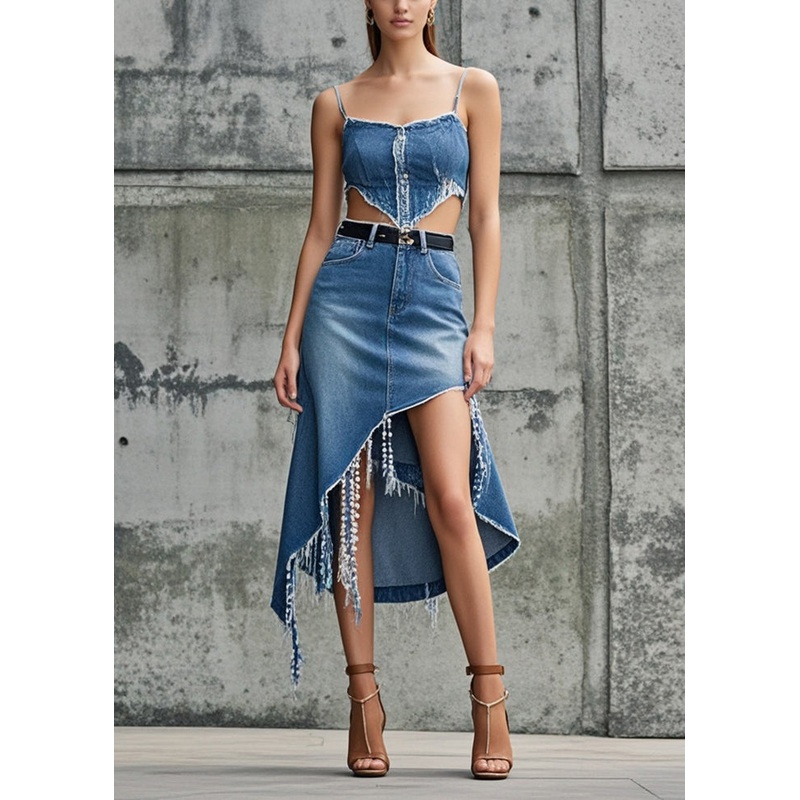Asymmetrical Design Blue Denim Skirt Tasseled Spring