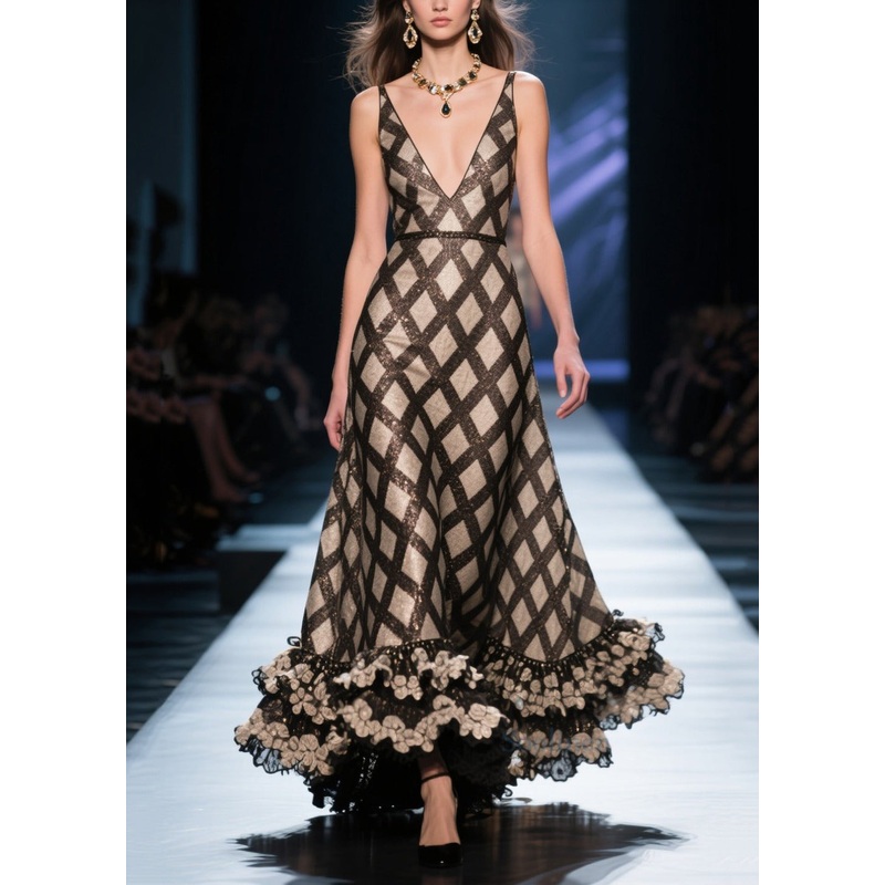 Beautiful Black Deep-V Neck Plaid Silk Evening Dress Summer