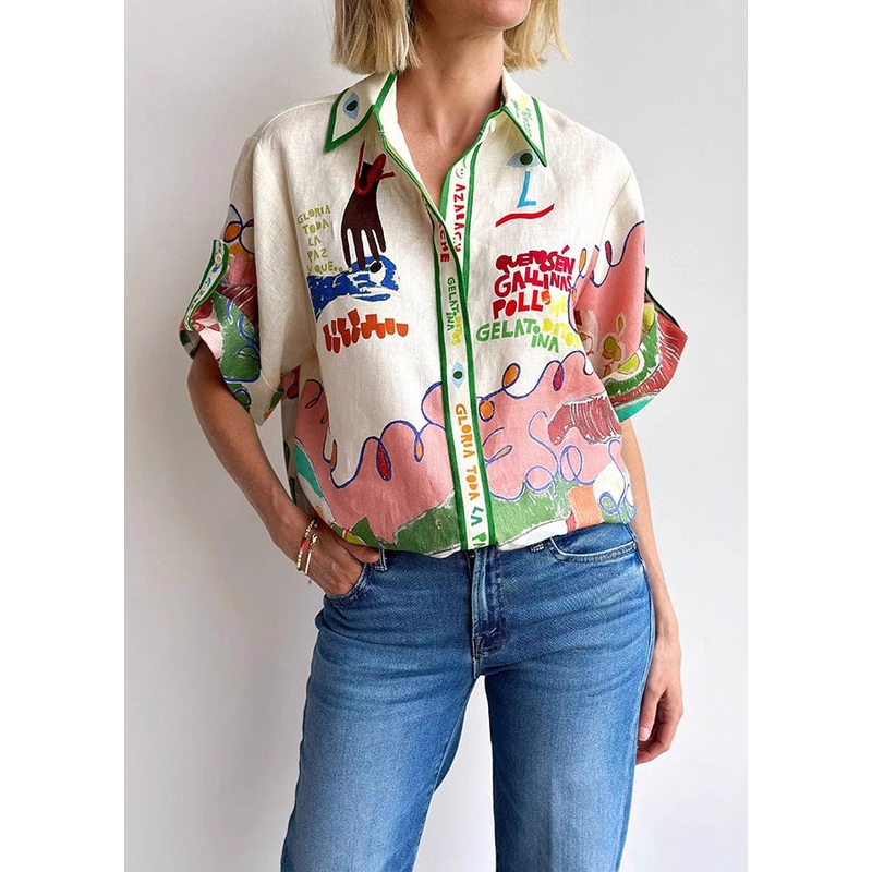 Beautiful Peter Pan Collar Graphic Print Linen Shirts Top Summer