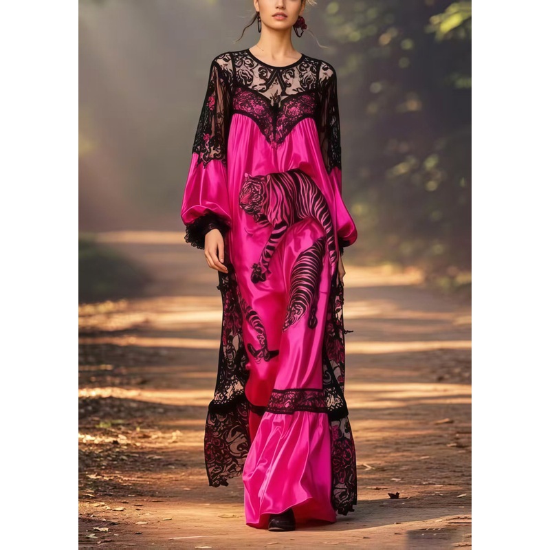 Beautiful Pitaya Print Patchwork Lace Long Dresses Spring