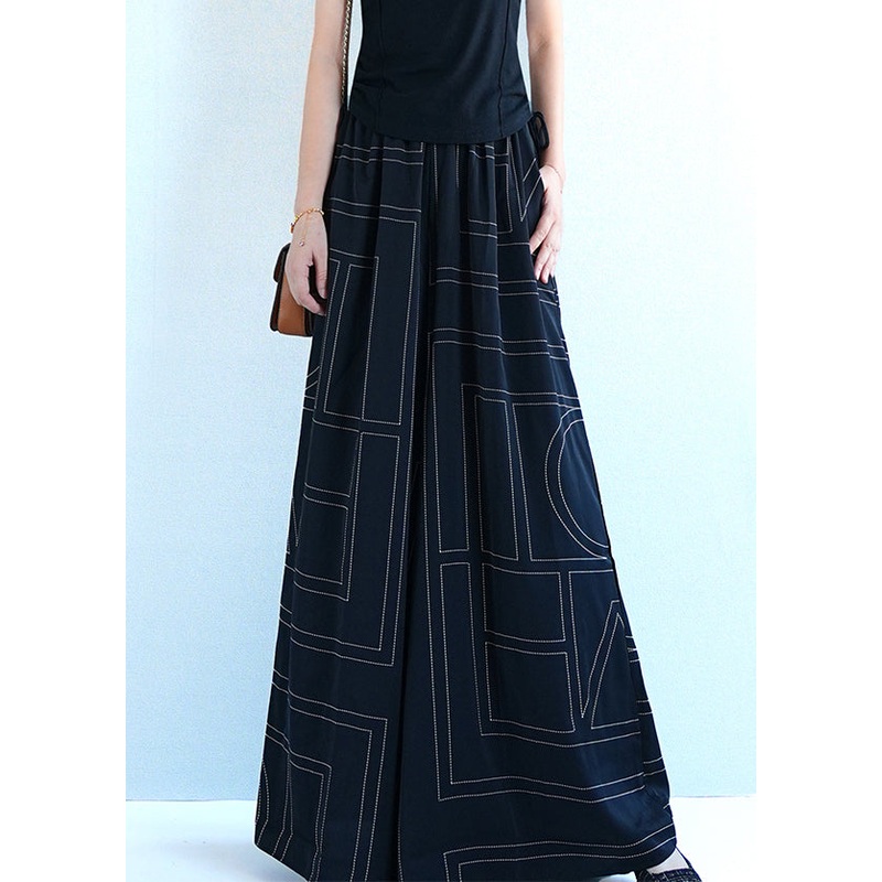 Black Geometric Pockets Cotton Wide Leg Pants Elastic Waist Summer