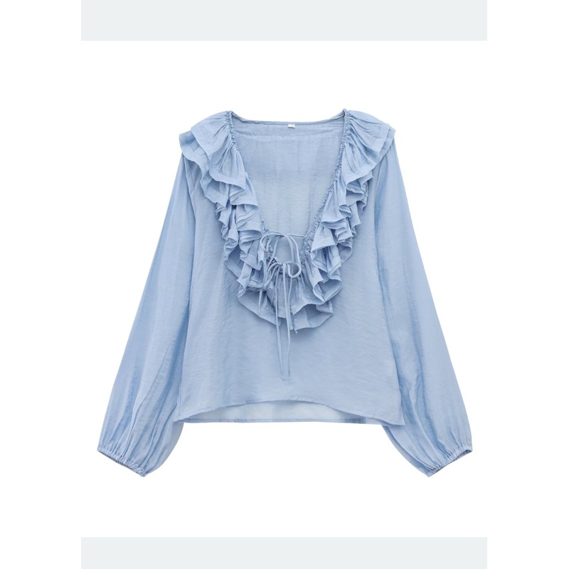 Bohemian Sky Blue Ruffled Cotton Shirt Tops Summer