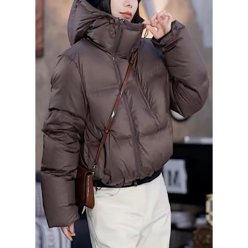 Boutique Coffee Hooded Pockets Duck Down Short Coat Winter