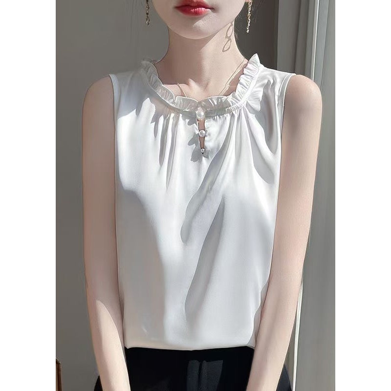 Boutique White Ruffled Button Silk Shirts Sleeveless