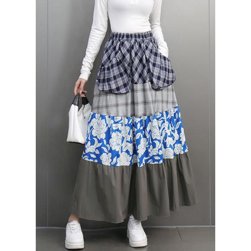Casual Colorblock Print Plaid Elastic Waist Maxi Skirts Spring
