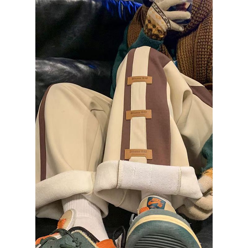 Casual Khaki Pockets Elastic Waist Warm Fleece Men Pants Spring