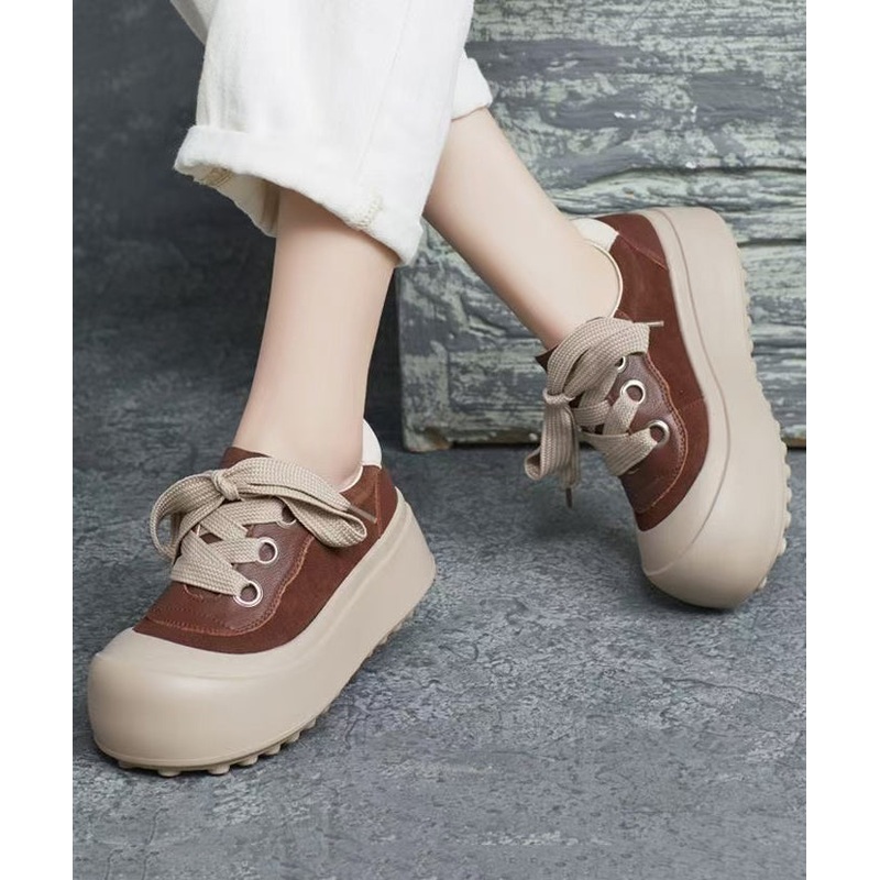 Casual Splicing Platform Flat Shoes Brown Cowhide Leather Lace Up