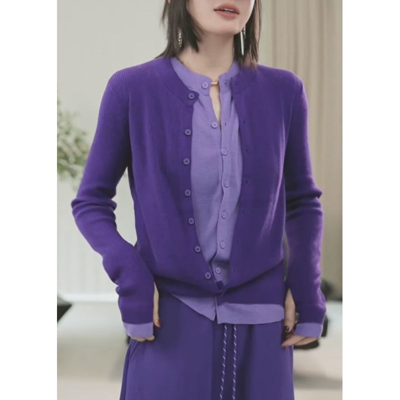 Chic Purple O-Neck Button Fake Two Pieces Cotton Knit Sweater Spring