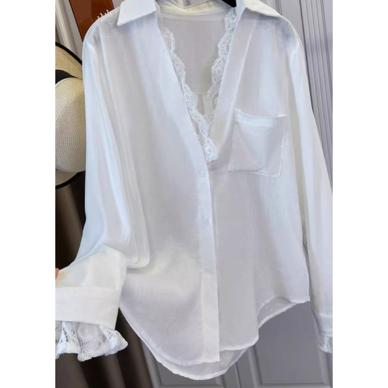 Chic White V Neck Lace Patchwork Shirts Spring