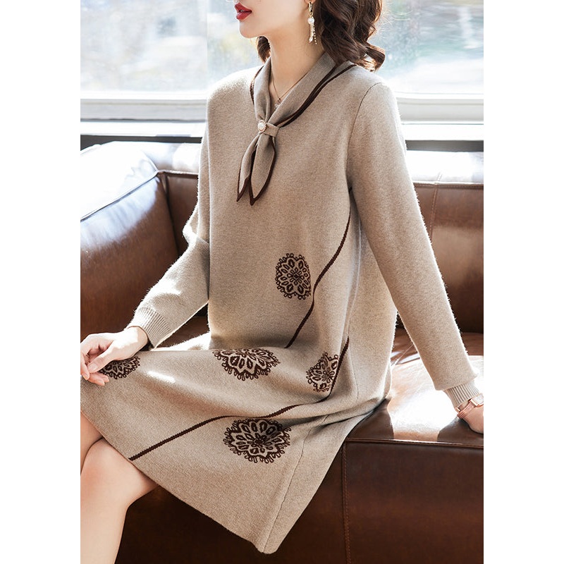 Classy Camel Bow Print Knit Sweater Dress Spring
