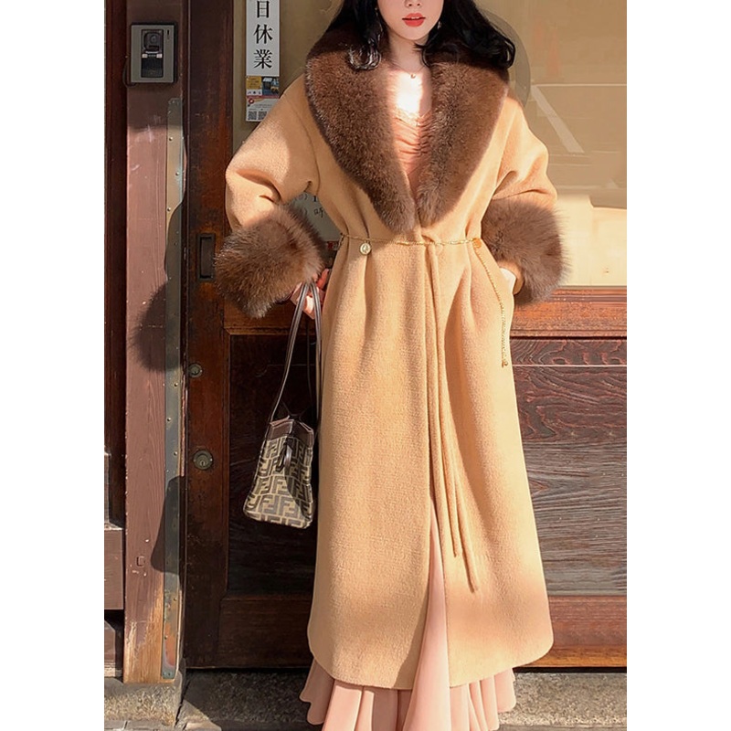 Classy Khaki Fox Collar Pockets Patchwork Woolen Coat Spring