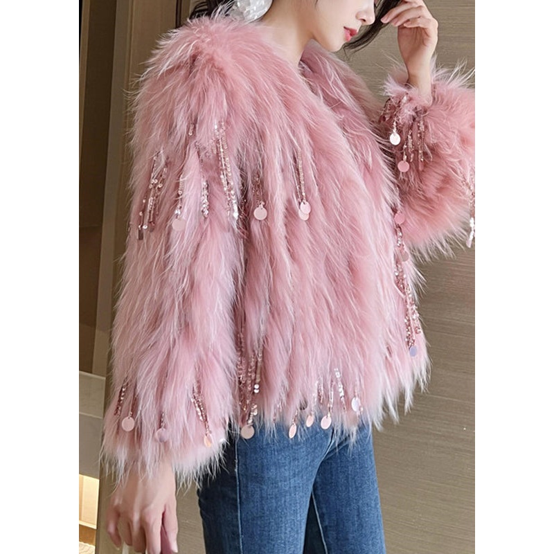 Cute Pink O-Neck Tassel Leather And Fur Coats Spring