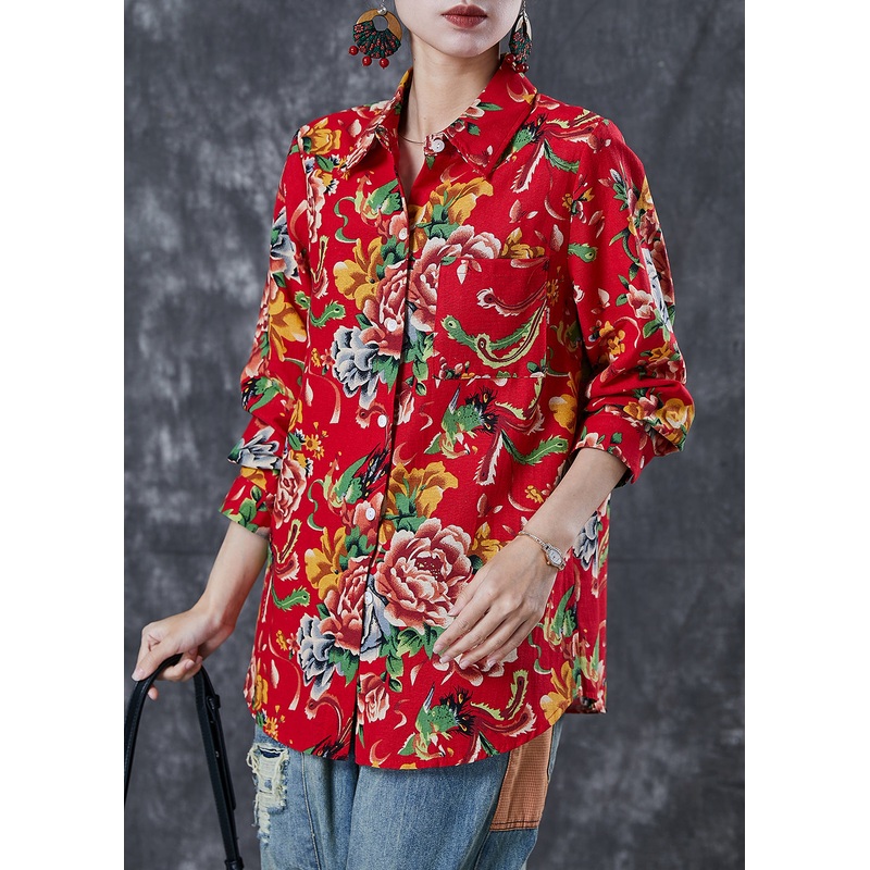 DIY Red Oversized Print Cotton Blouse Top Spring