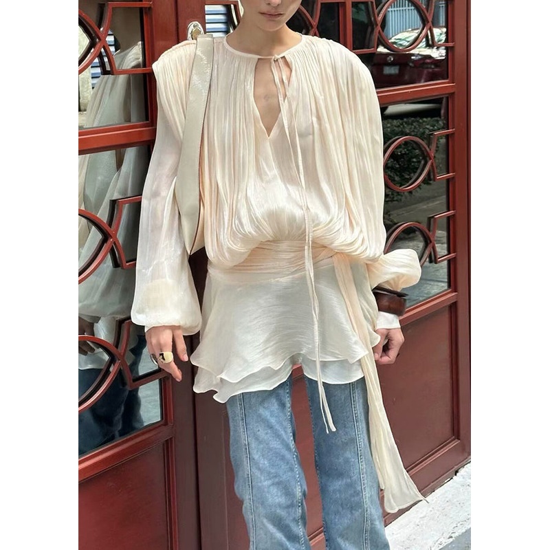 Elegant Champagne Color Wrinkled Lace Up Silk Two Piece Set Fall