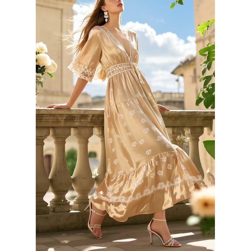 Elegant Champagne V Neck Print Silk Long Dress Summer