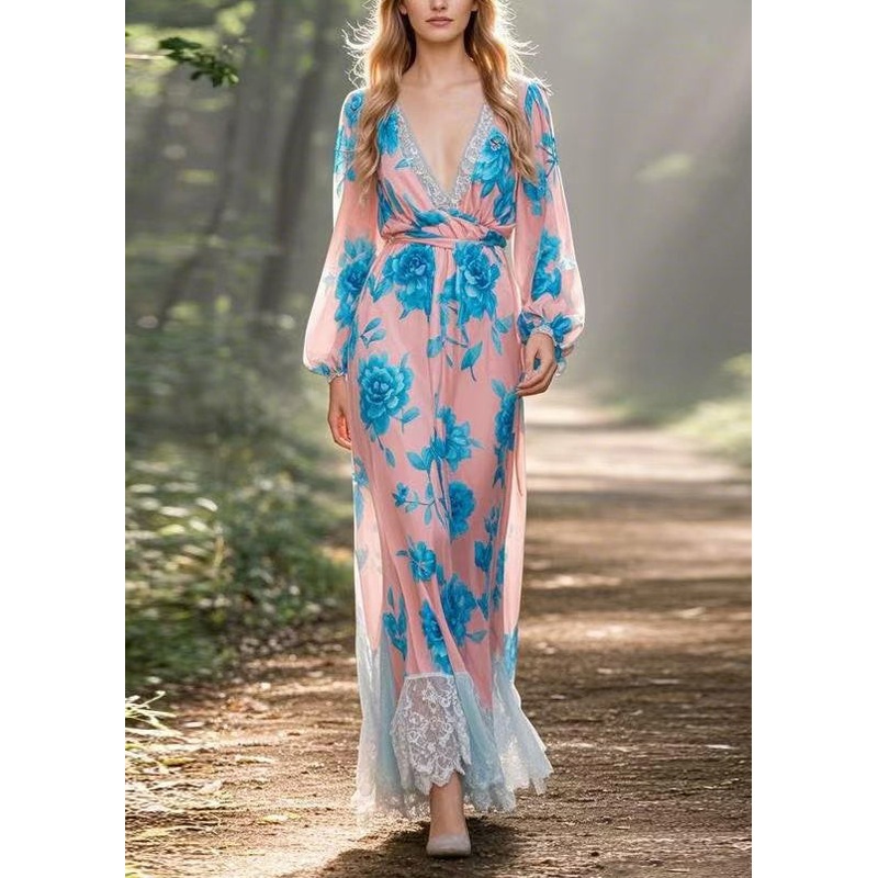 Elegant V Neck Lace Print Patchwork Chiffon Dress Spring