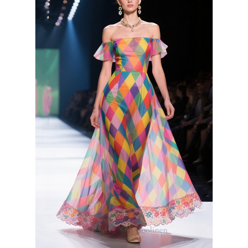 Fashion Colorblock Cold Shoulder Plaid Chiffon Strapless Dress Summer