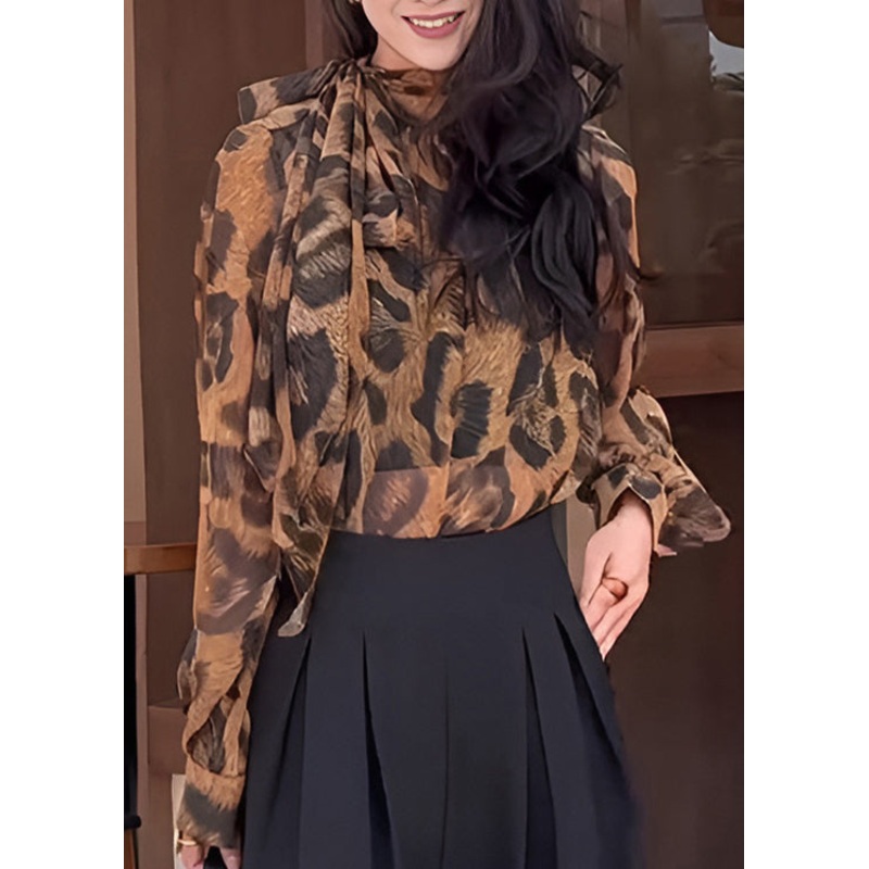 Fashion Leopard Print Bow Lace Up Chiffon Shirt Tops Spring