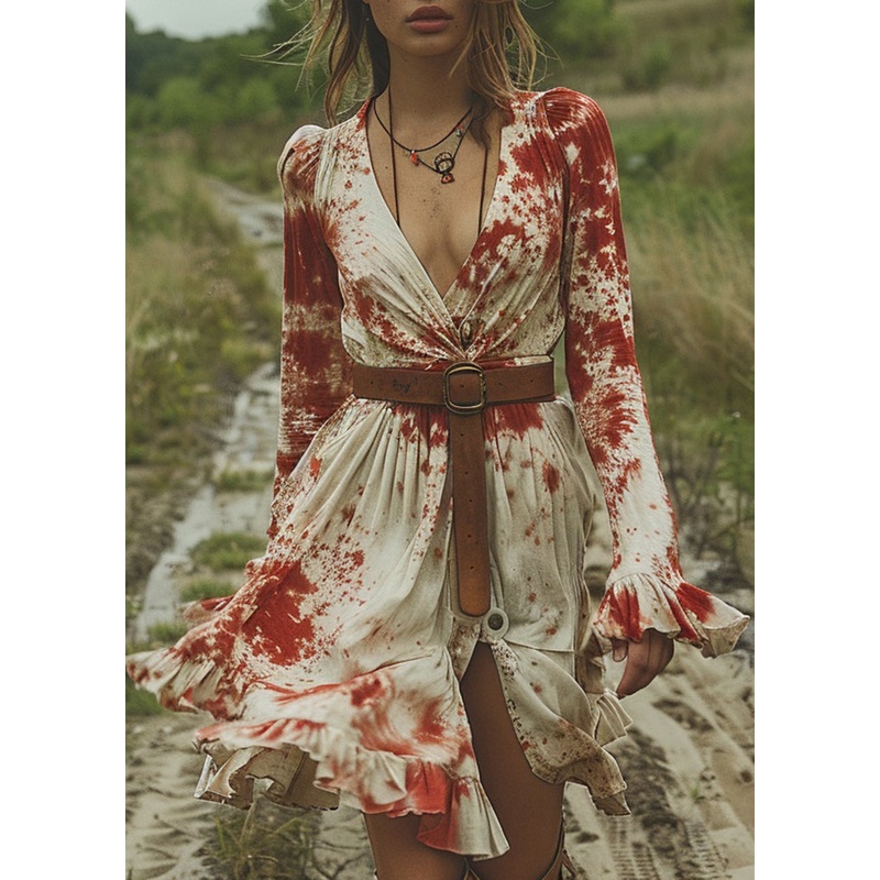 Fitted V Neck Ruffled Tie Dye Cotton Dresses Flare Sleeve