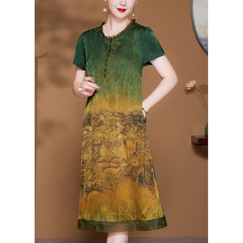 French Green Ruffled Pockets Patchwork Silk Dress Summer
