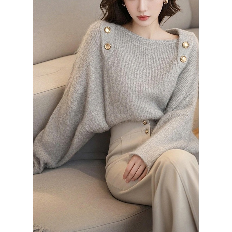 French Light Grey Slash Neck Cozy Cotton Knit Sweater Tops Spring