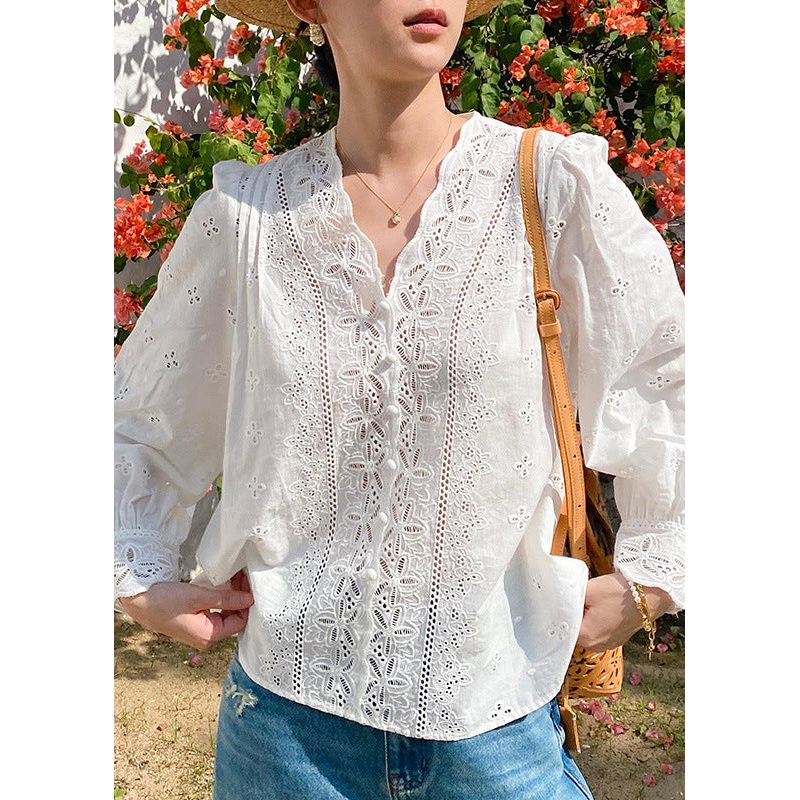 French White V Neck Embroidered Hollow Out Cotton Shirt Spring