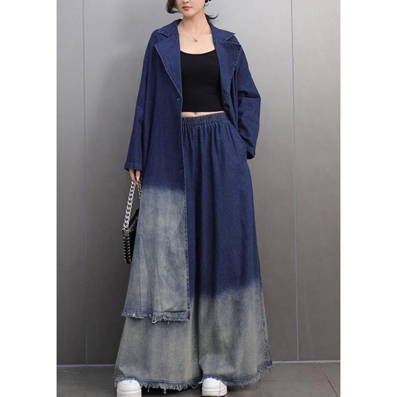 Gradient Color Navy Notched Denim Long Trench Coats And Wide Leg Pants Two Pieces Set Fall