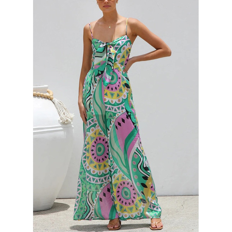 Green Bow Print Wide Leg Jumpsuit Summer