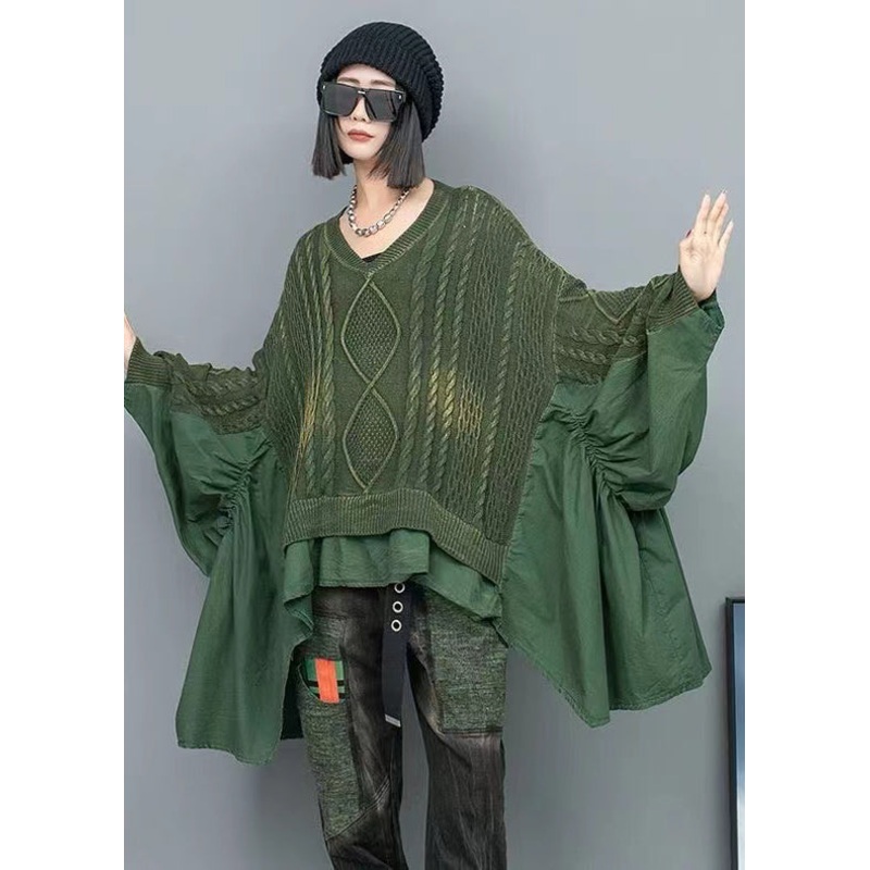 Green Patchwork Knit Pullover V Neck Ruffled Batwing Sleeve