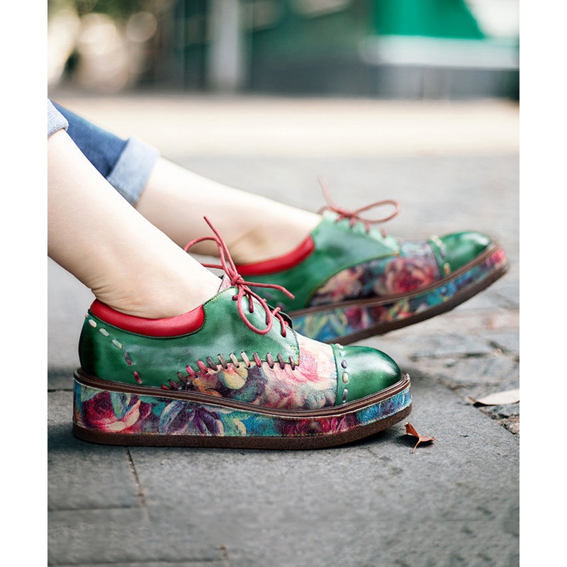 Green Sheepskin Boho Lace Up Embossed Platform Shoes