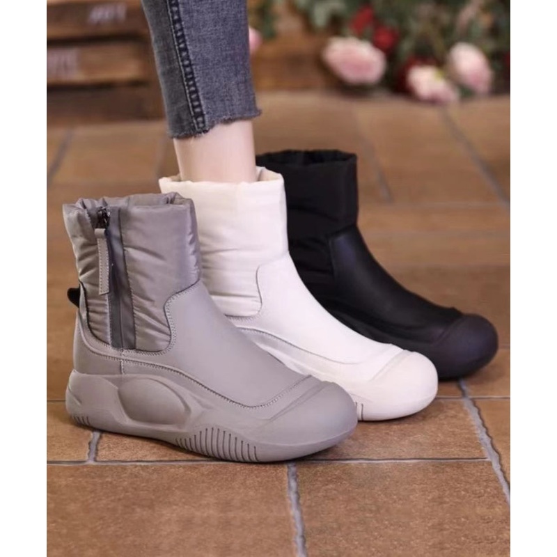 Grey Zippered Chic Splicing Boots Fuzzy Wool Lined