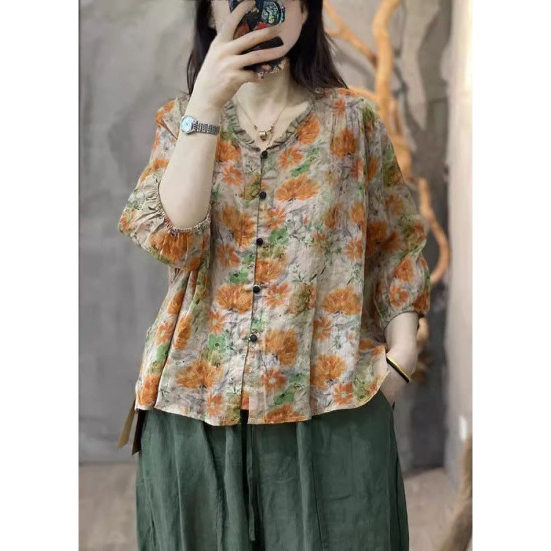 Handmade Orange Ruffled Print Cotton Top Bracelet Sleeve