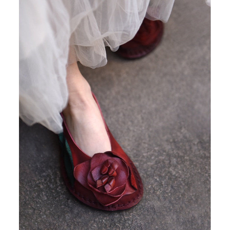 Handmade Retro Red Cowhide Leather Floral Splicing Flat Shoes