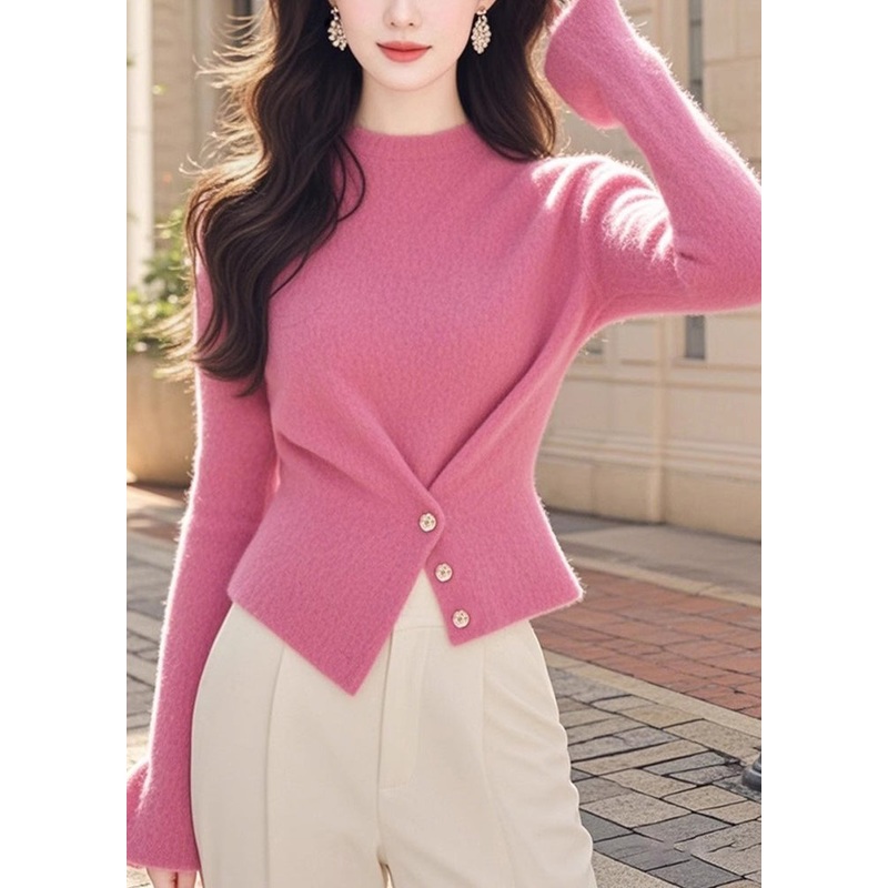 Italian Pink O Neck Button Knit Sweaters Spring