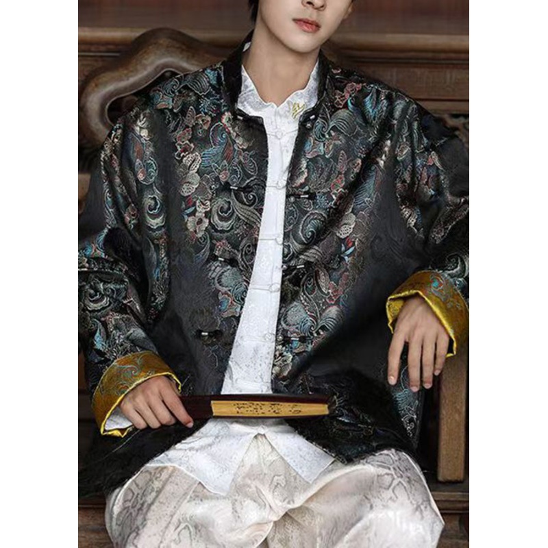 Jacquard Black Stand Collar Chinese Button Silk Shirts Spring