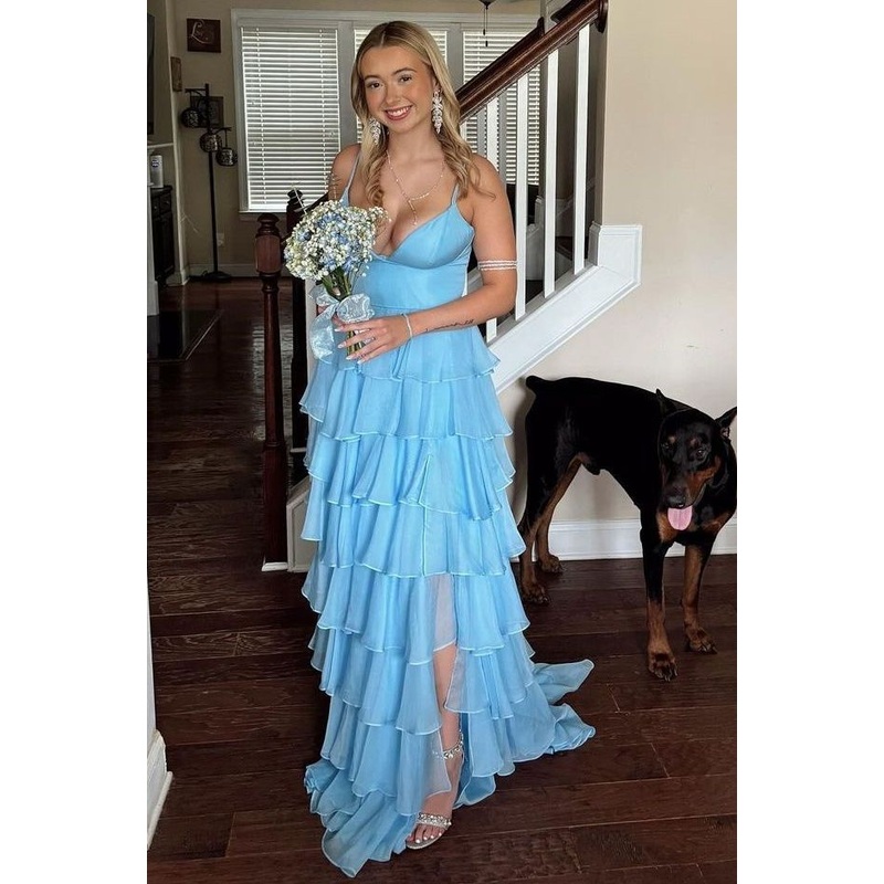 Light Blue Straps Ruffle A Line Long Prom Dress With Slit J5189