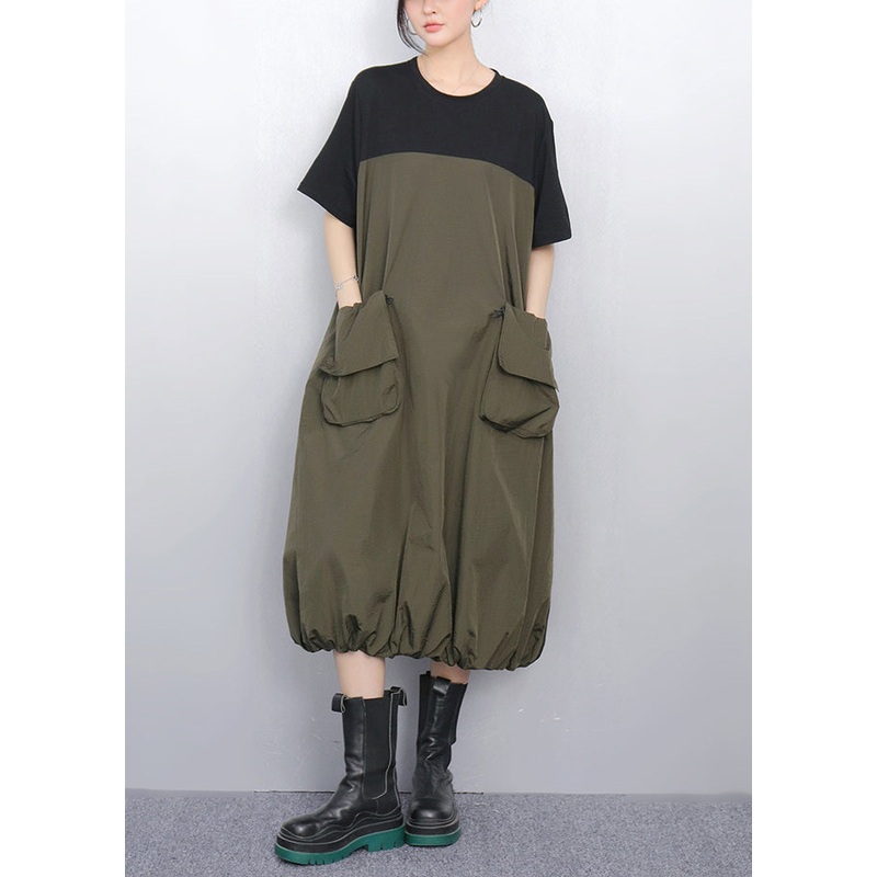 Loose Army Green Pockets Patchwork Dress Summer
