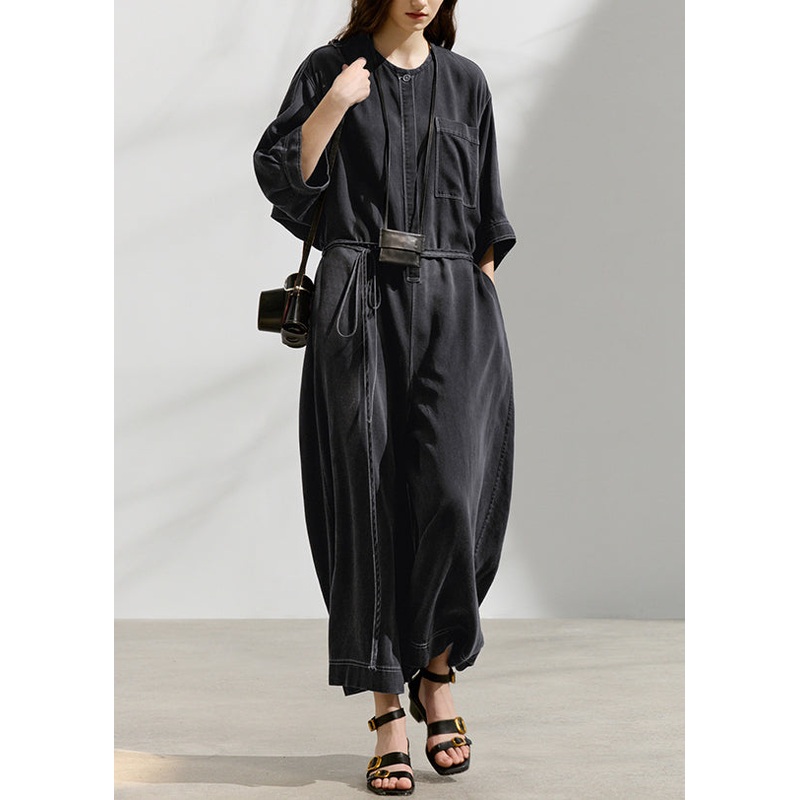 Loose Dark Grey O Neck Pockets Patchwork Cotton Jumpsuit Summer