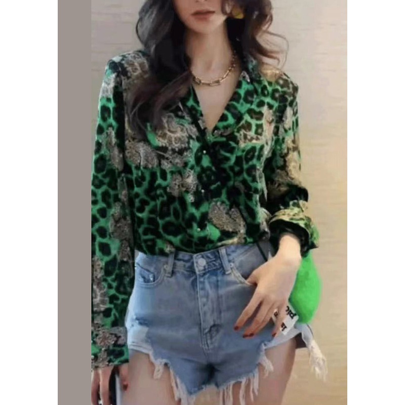 Modern Green Leopard Print Chiffon Blouse Top Fall