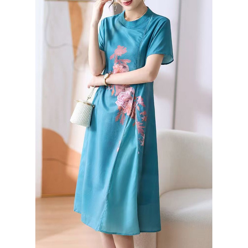 New Blue O-Neck Print Button Cotton Dress Summer